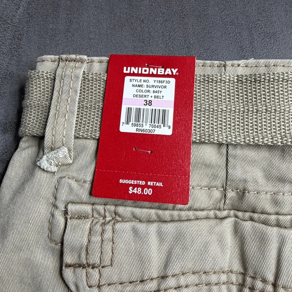 Unionbay Cargo Shorts Mens 38 Khaki Survivor Vintage Belted Cotton New